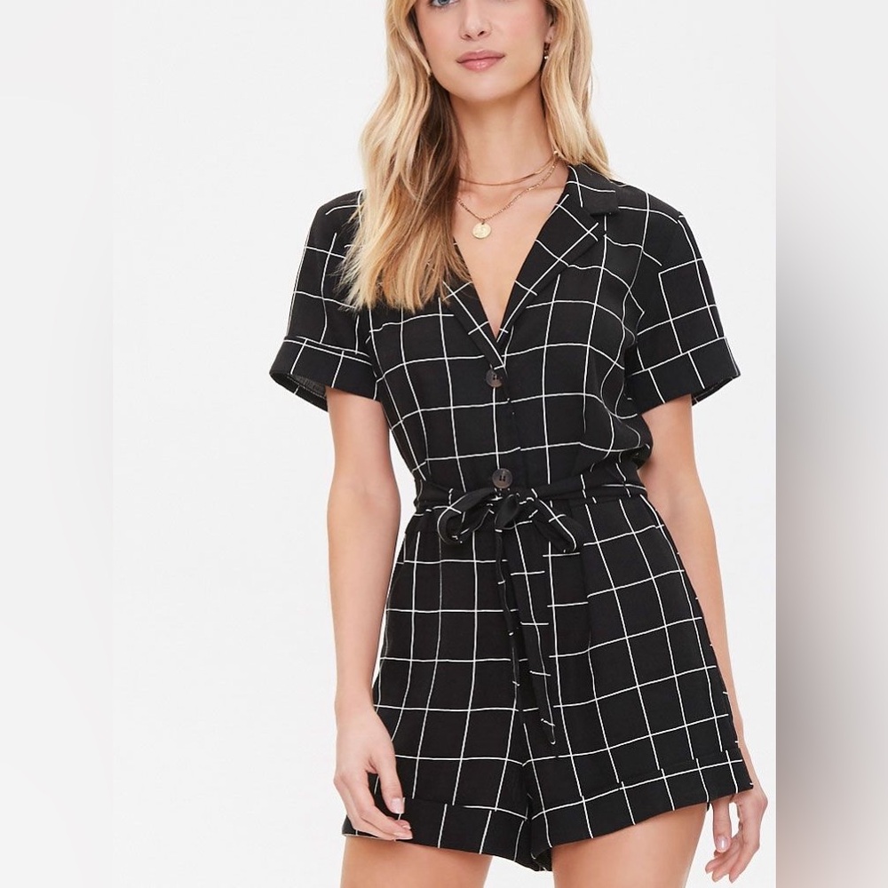Cuffed Grid Print Romper from Forever 21